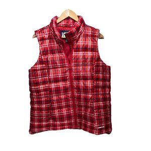 Lands End Women's LT Red Buffalo Plaid Quilted Down Puffer Vest Sleeveless Zip